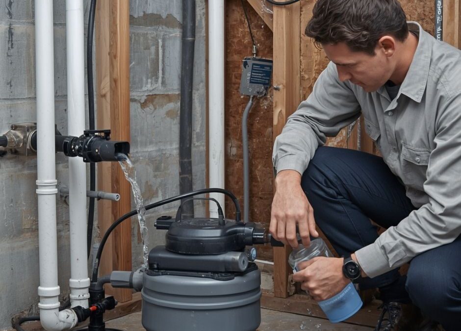 A technician in a light grey shirt crouches in an unfinished basement, collecting a water sample from a grey filtration system while water flows from an adjacent pipe - https://lambinsurancega.com/